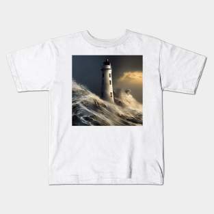 Lone lighthouse against the strong waves Kids T-Shirt